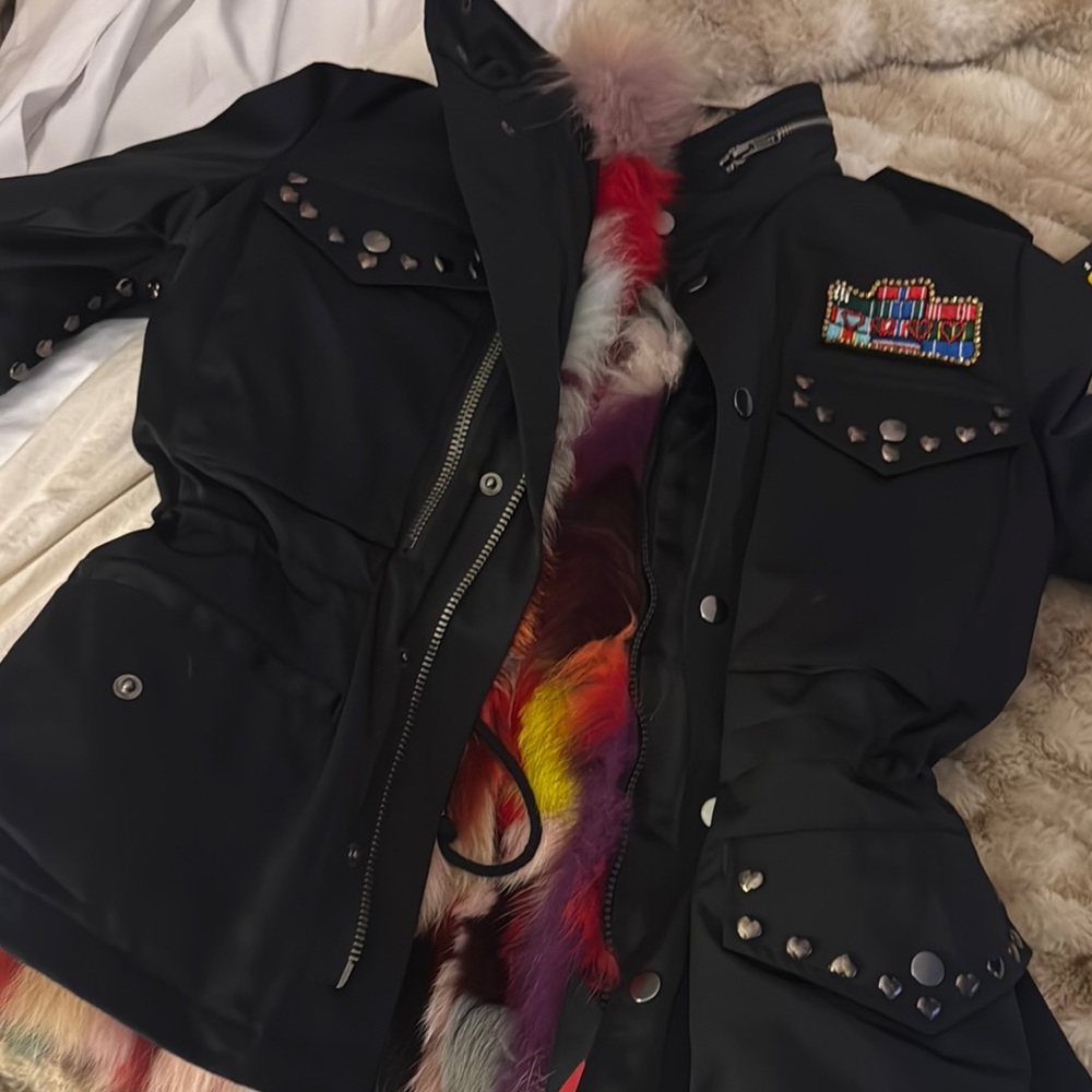 Jocelyn Black and Red Utility Jacket with Studded Details